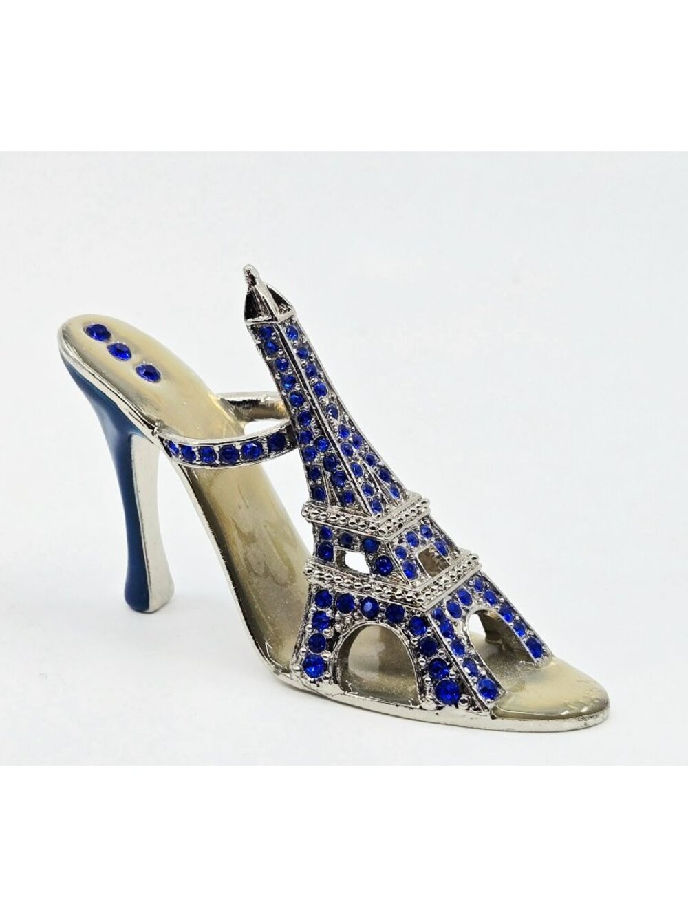 Eiffel Tower Shoe Miniature With Blue Rhinestones & Metallic Silver Finish 3.5 I